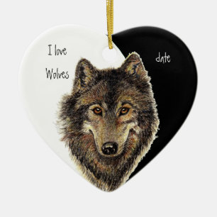 Custom Dated I love Wolves, Watercolor Animal Ceramic Ornament