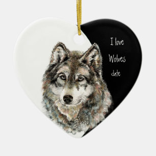 Custom Dated I love Wolves, Watercolor Animal Ceramic Ornament