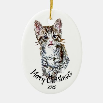 Custom Dated Kitten Cat Animal Merry Christmas Ceramic Ornament