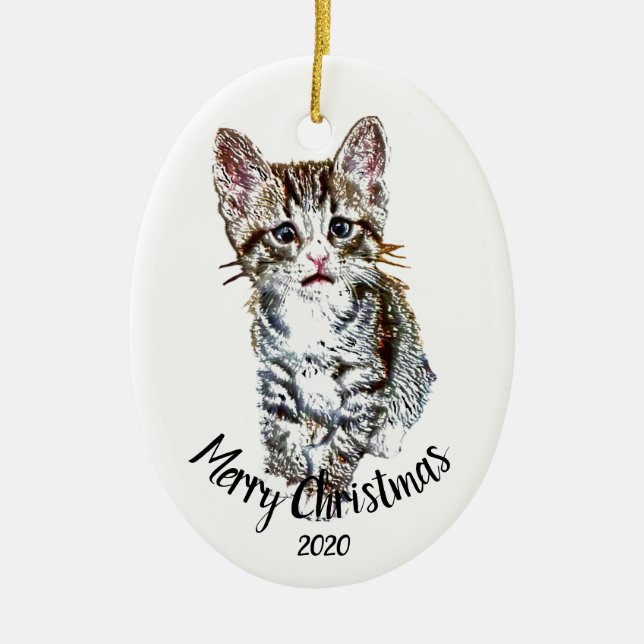 Custom Dated Kitten Cat Animal Merry Christmas Ceramic Ornament (Front)