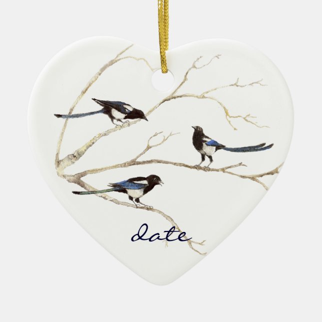 Custom Dated, Magpie Family, Birds Ceramic Ornament (Front)
