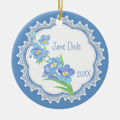 Custom Dated Name Forget_me_not Watercolor Flower Ceramic Ornament
