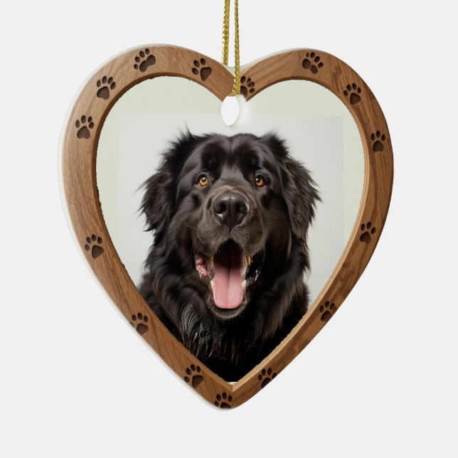 Custom Dated Name Photo Polished Wood Heart Ceramic Ornament (Right)