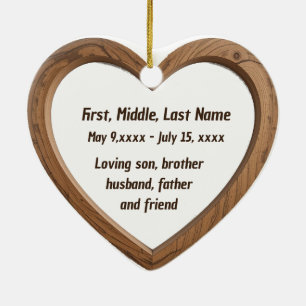 Custom Dated Name Photo Polished Wood Heart Ceramic Ornament