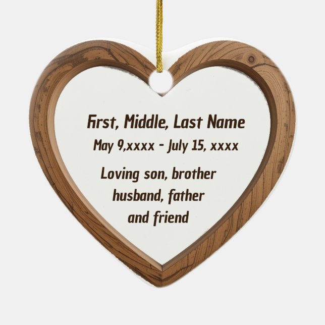 Custom Dated Name Photo Polished Wood Heart Ceramic Ornament (Back)
