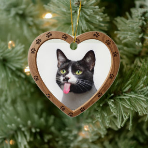 Custom Dated Name Photo Polished Wood Heart Ceramic Ornament