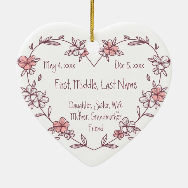 Custom Dated Name Photo Watercolor Flower Ceramic Ornament (Back)