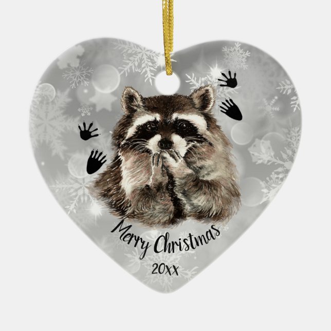 Custom Dated Raccoon Blowing Kisses, Love Animals  Ceramic Ornament (Front)