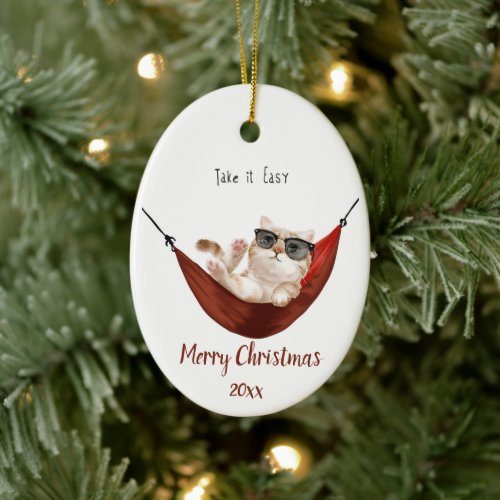 Custom Dated Rest Relaxation Christmas Cat Ceramic Ornament