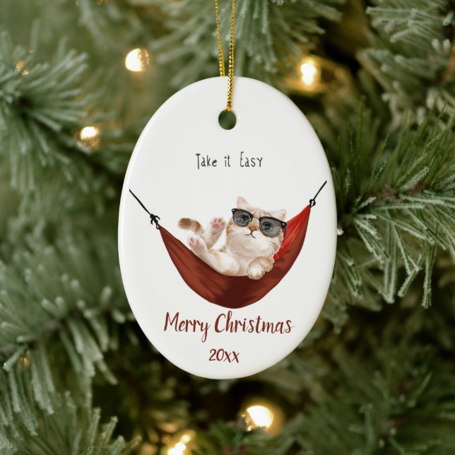 Custom Dated Rest Relaxation Christmas Cat Ceramic Ornament (Tree)