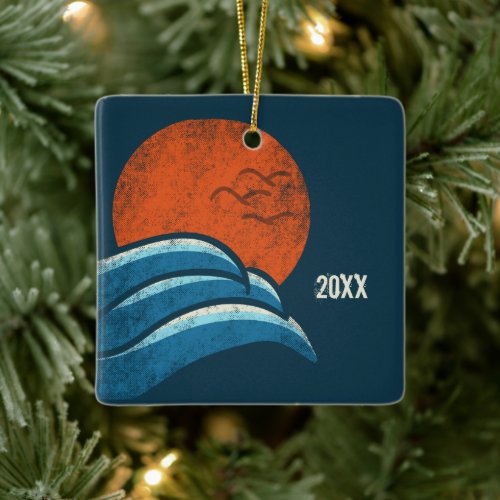 Custom Dated Retro Style Beach Souvenir Photo Ceramic Ornament