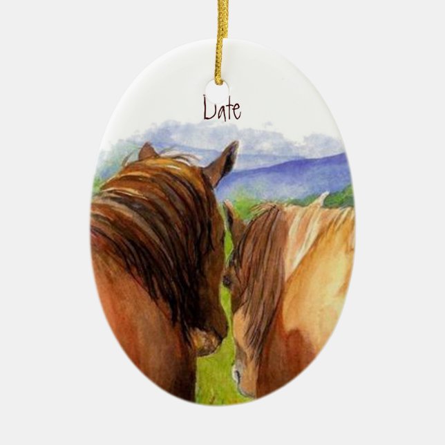 Custom Dated Romantic Horses Sharing a Secret Ceramic Ornament (Front)