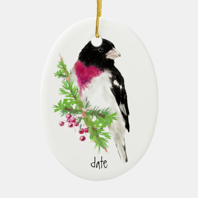 Custom Dated Rose Breasted Grosbeak, Bird Animal Ceramic Ornament (Front)