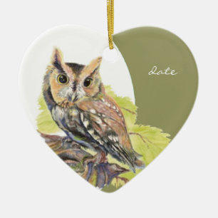 Custom Dated Screech Owl Watercolor Bird Ceramic Ornament