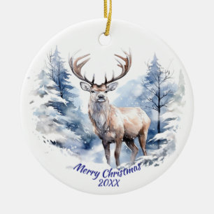 Custom Dated Stag Deer Winter Snow Forest Animal Ceramic Ornament