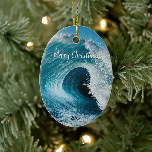 Custom Dated Surfer Surfing Wave Curl Ocean Water  Ceramic Ornament (Tree)