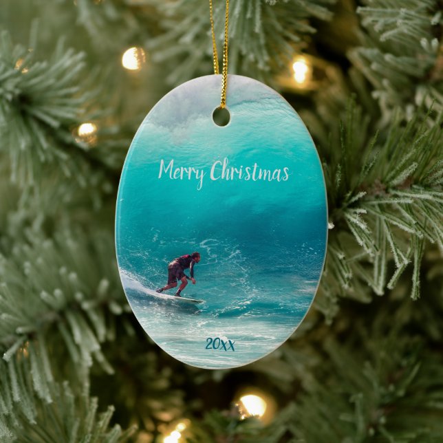 Custom Dated Surfer Surfing Wave Curl Ocean Water  Ceramic Ornament (Tree)