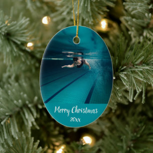 Custom Dated Swimming Swimmer Swim Christmas  Ceramic Ornament