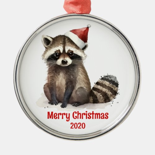 Custom Dated Vintage Christmas Watercolor Raccoon Metal Ornament