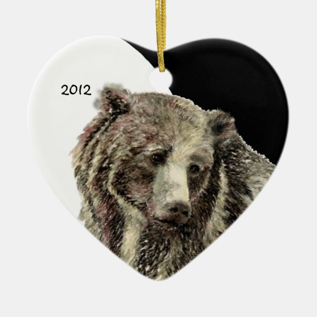 Custom Dated Watercolor Grizzly Bear Animal Ceramic Ornament (Front)