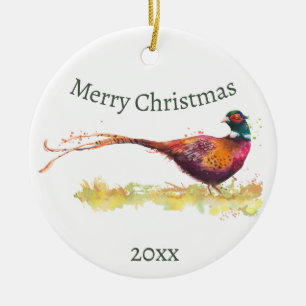 Custom Dated Watercolor Pheasant, Bird Animal Cera Ceramic Ornament