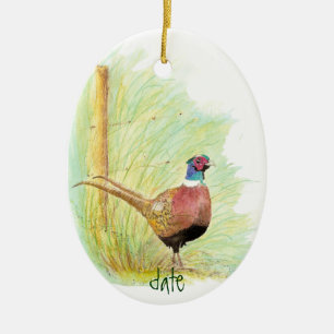 Custom Dated Watercolor Pheasant, Bird Animal Ceramic Ornament