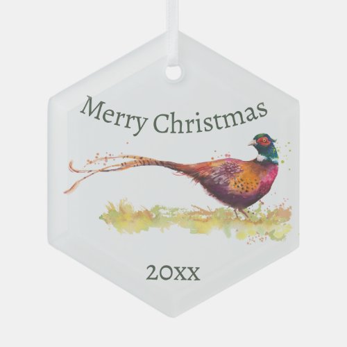 Custom Dated Watercolor Pheasant Bird Animal   Glass Ornament