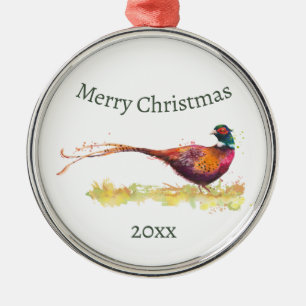 Custom Dated Watercolor Pheasant, Bird Animal Metal Ornament