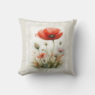 Custom Dated Watercolor Red Poppy Vintage Flower Throw Pillow