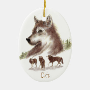 Custom Dated, Watercolor Wolves & Wolf Pack Ceramic Ornament