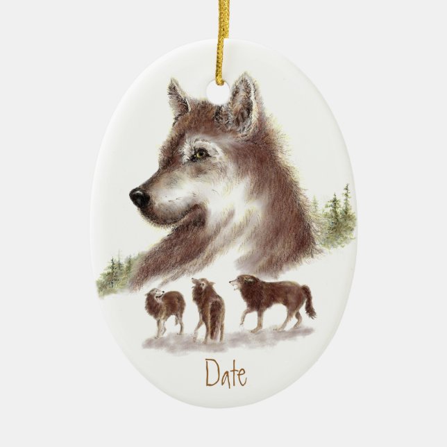 Custom Dated, Watercolor Wolves & Wolf Pack Ceramic Ornament (Front)
