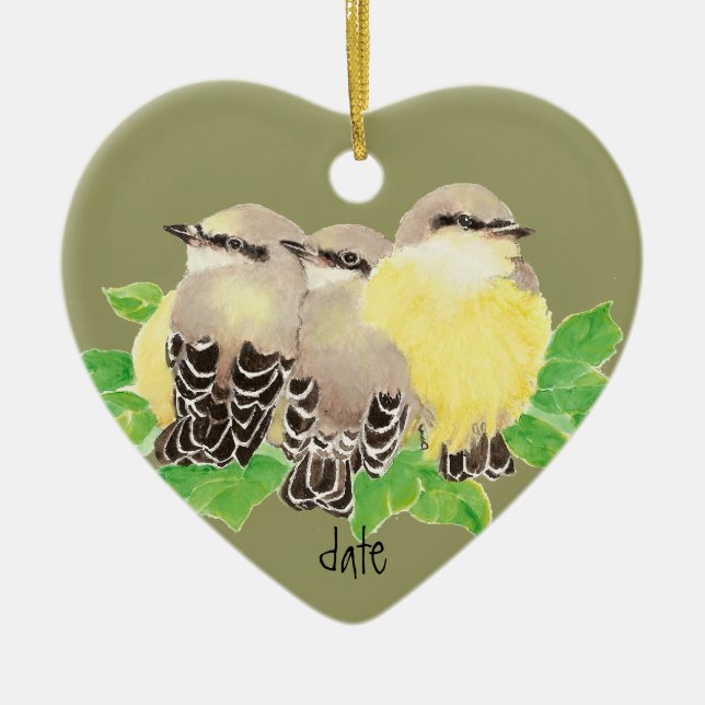 Custom Dated, Western Kingbird, Cuddling Bird Ceramic Ornament (Front)