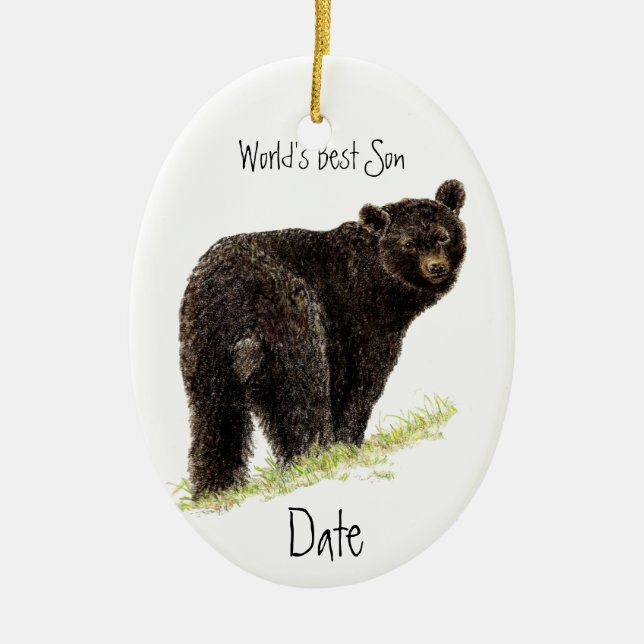Custom Dated World's Best Son Black Bear Ceramic Ornament (Front)