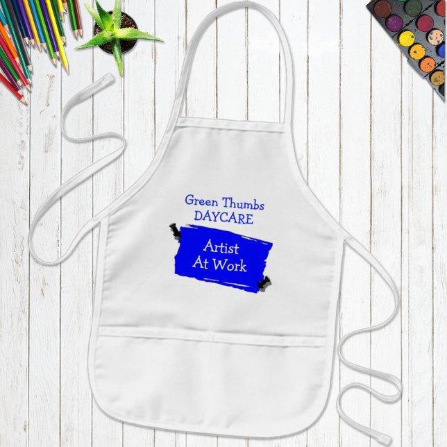 Custom Daycare Artist Blue Scrap Paper Pins Art Kids' Apron (Easily personalize this kids apron for a gift or special occasion like art classes. )