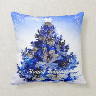 Custom decorated blue Christmas tree Throw Pillow