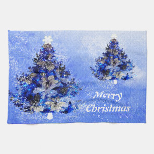 Custom decorated blue christmas tree towel