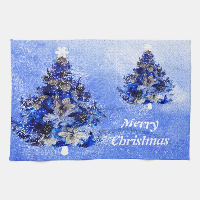 Custom decorated blue christmas tree towel (Horizontal)