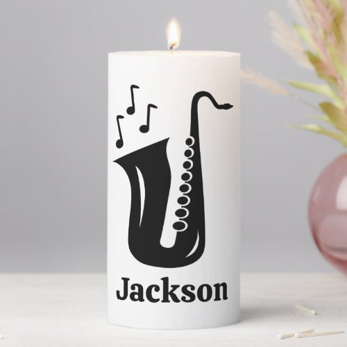 Custom decorative pillar candle with saxophone