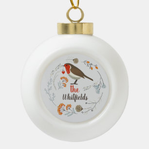 Custom Decorative Robin Botanical Christmas Ceramic Ball Christmas Ornament