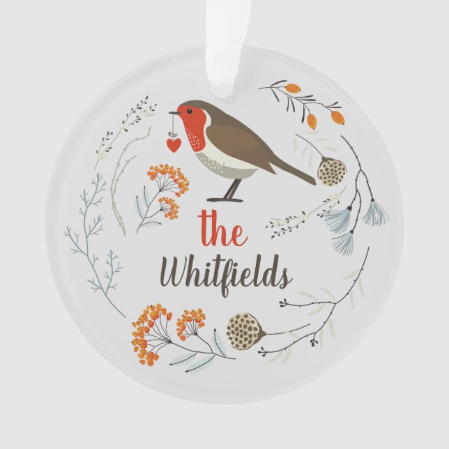 Custom Decorative Robin Botanical Christmas Ornament (Front)
