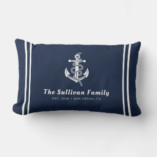 Custom Deep Navy Blue Yacht Nautical Family Name Lumbar Pillow