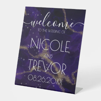 Custom Deep Purple Gold Welcome Wedding Pedestal Sign
