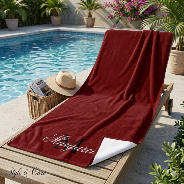 Custom Deep Red Beach Towel with Name and Initial (Custom Deep Red Beach Towel with Name and Initial)