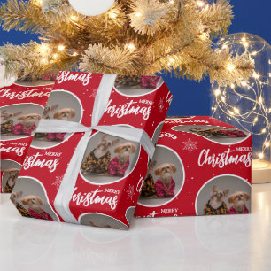 Custom Deep Red Merry Christmas One Circle Photo Wrapping Paper