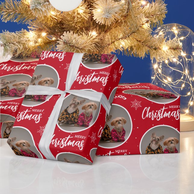 Custom Deep Red Merry Christmas One Circle Photo Wrapping Paper (Holidays)