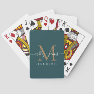 Custom Deep Teal & Gold Monogram Newlywed Poker Cards