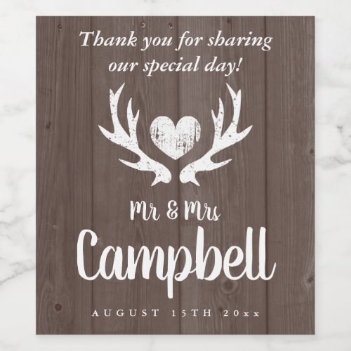 Custom deer antler brown wood wedding wine label