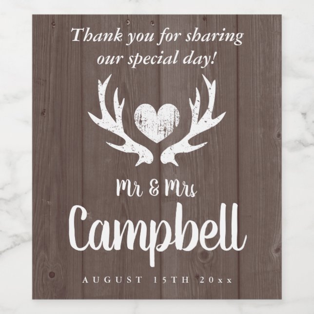 Custom deer antler brown wood wedding wine label (Single Label)