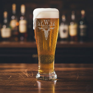 Custom Deer Skull Antler Monogram Initial  Pilsner Glass