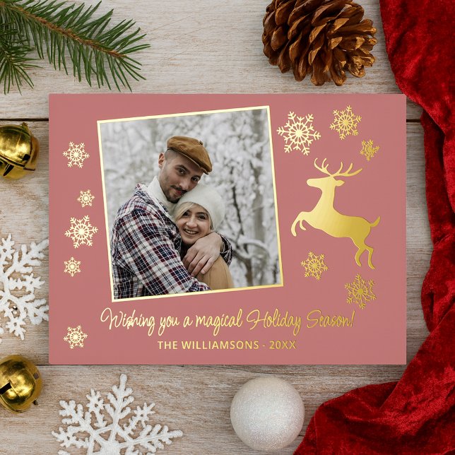 Custom Deer & Snowflakes On Coral Red Gold Foil Holiday Card (Creator Uploaded)